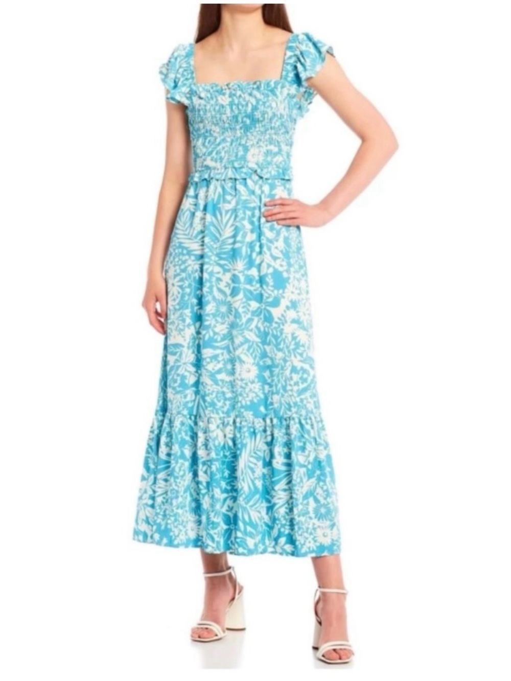 Aqua Floral Smocked Maxi Dress with Ruffle Straps